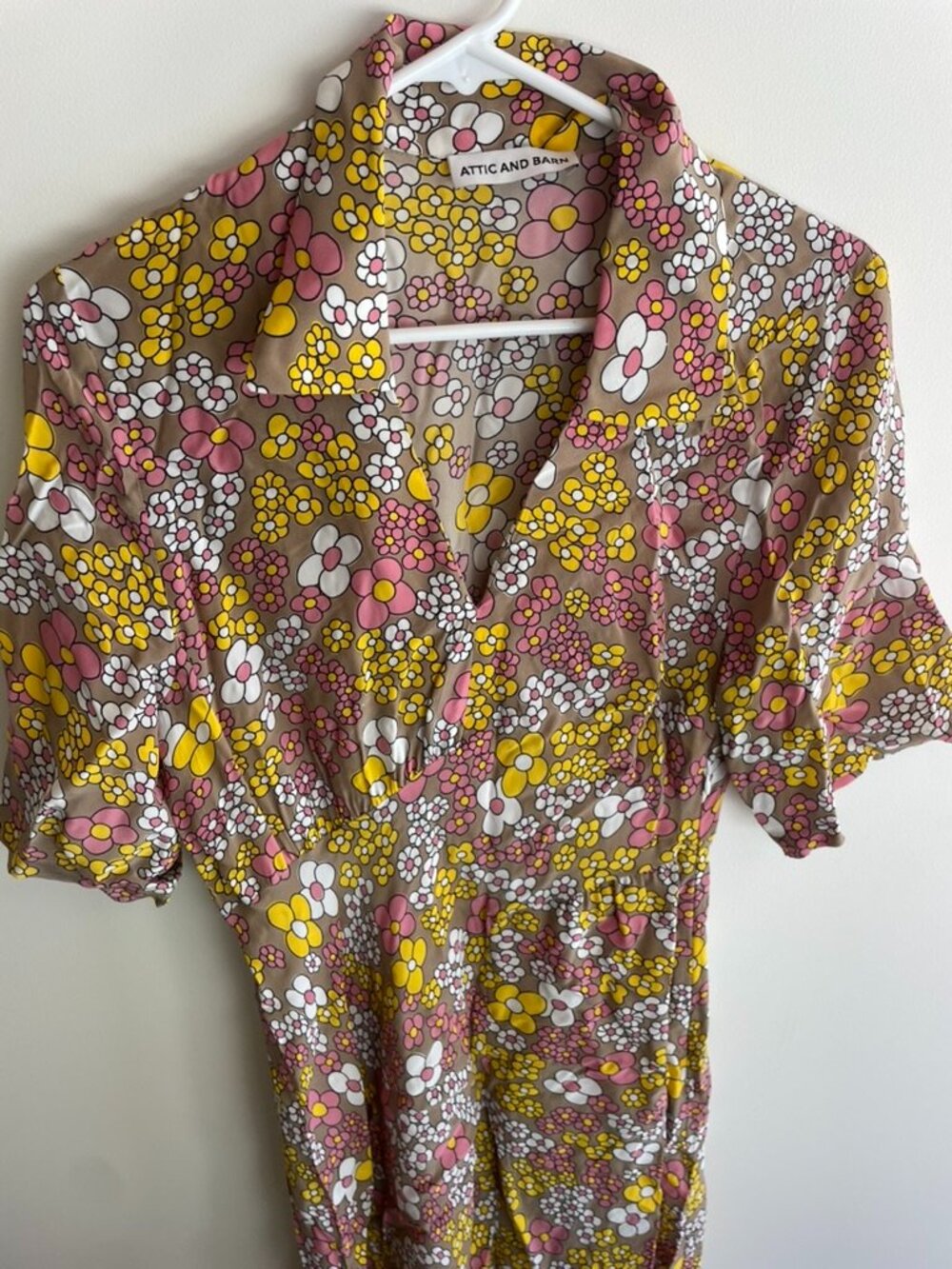 Attic and Barn Beige Floral Dress Vintage Print Pink Yellow Flowers